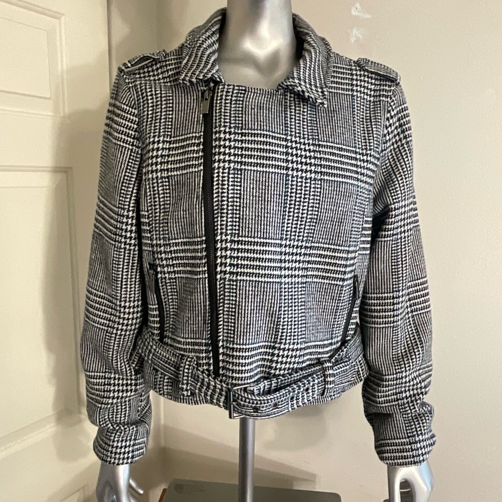 Stoosh Houndstooth Tweed Moto Jacket - Black & White Plaid - size large